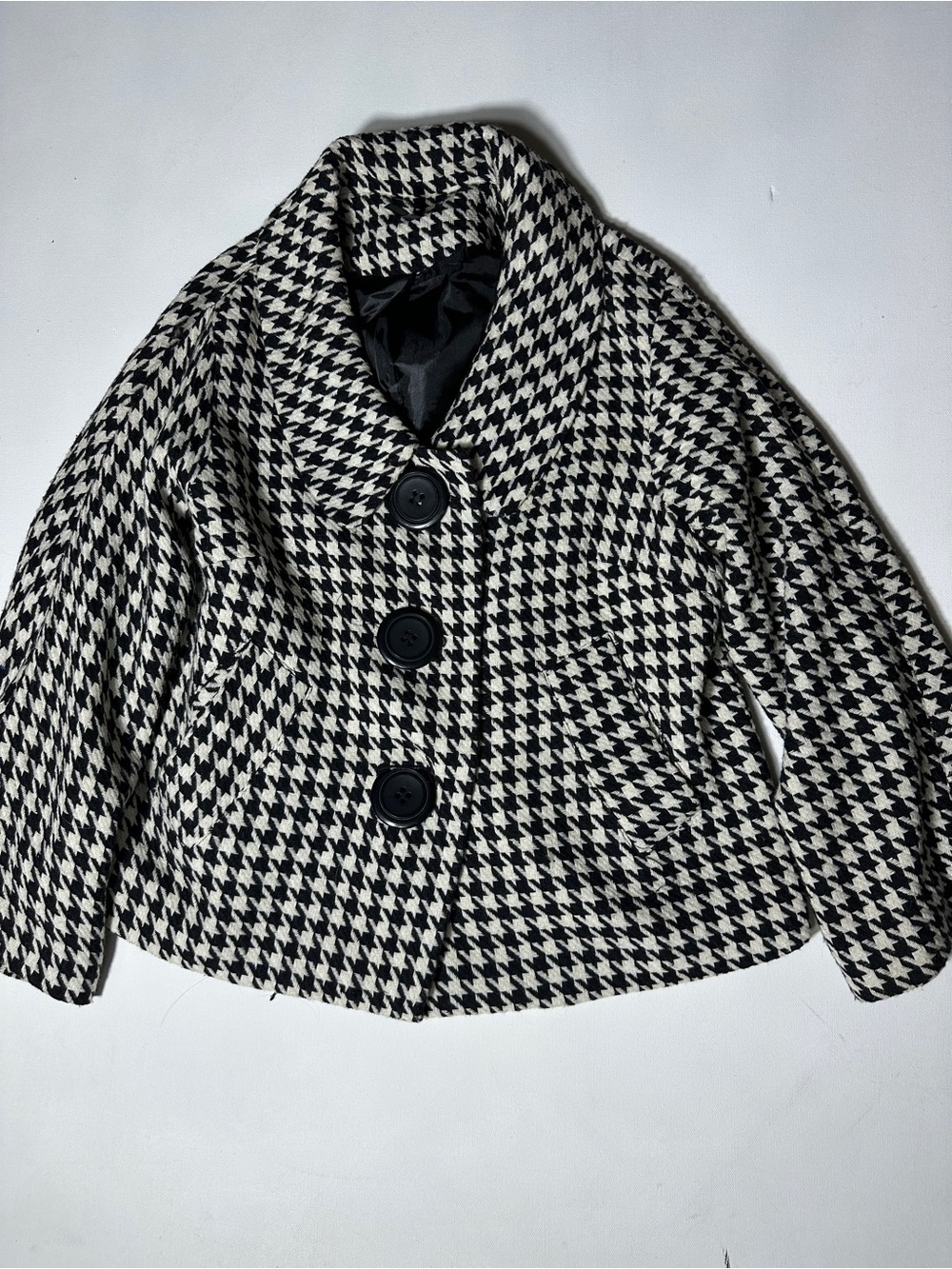 Lapis Black & White Houndstooth Cropped Pea Coat